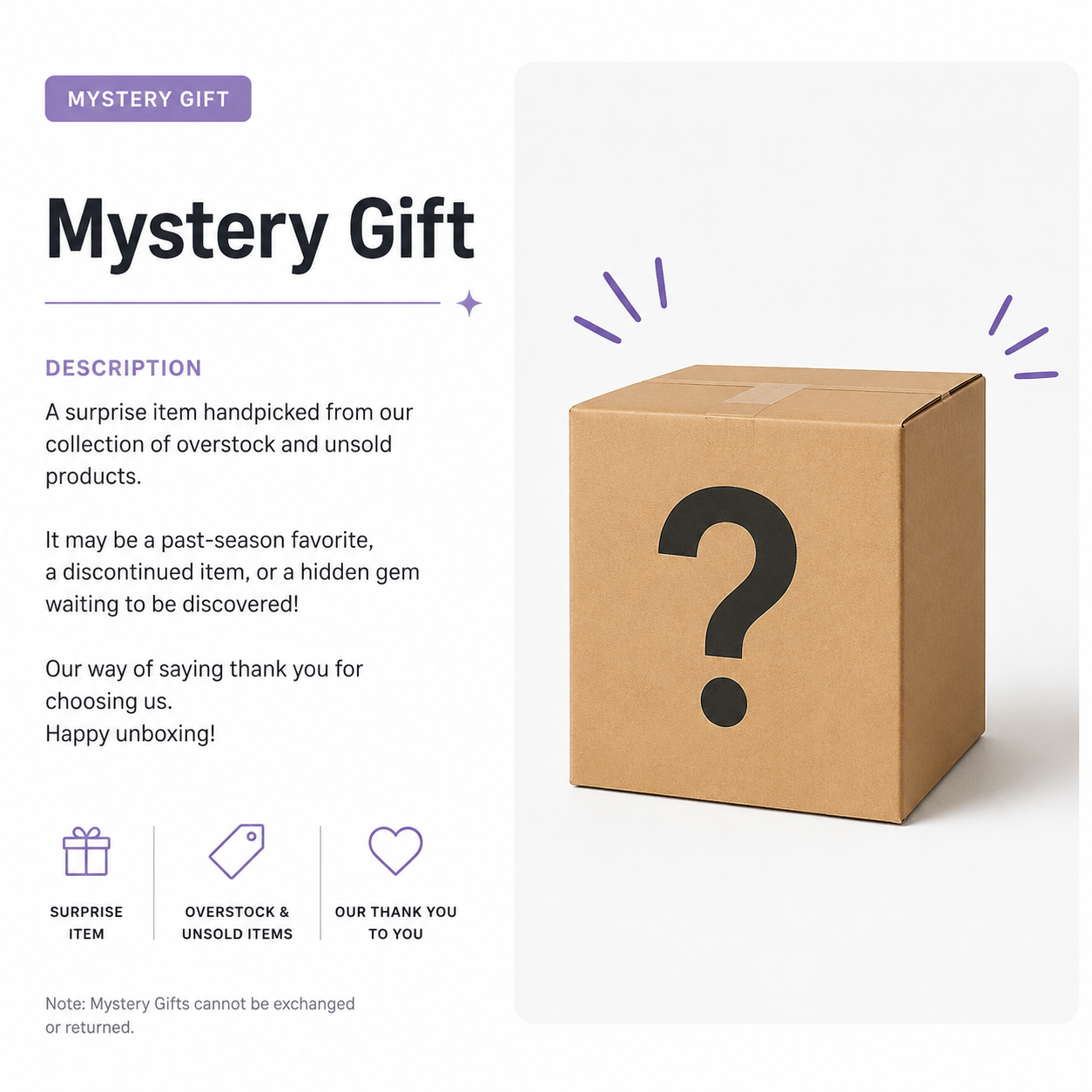 Promotional graphic for a mystery gift product listing, showing a plain brown cardboard box with a large black question mark on the front, alongside explanatory text describing the surprise item and small feature icons.