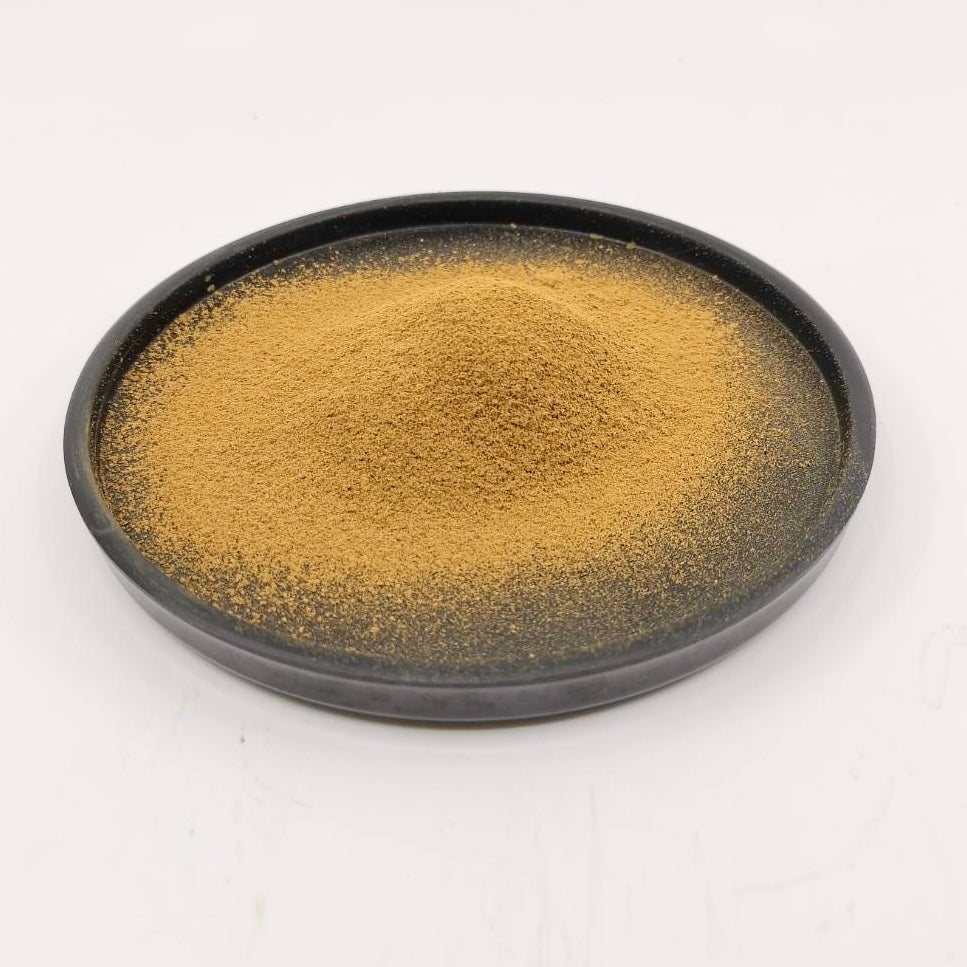Fine Japanese tea powder in a dark ceramic dish, showcasing rich golden texture for authentic tea experience.