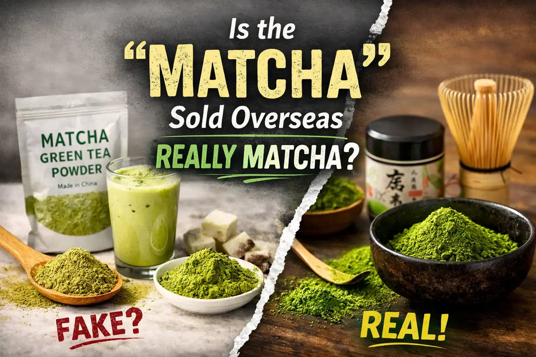 Comparison of fake vs real matcha green tea powder with a whisk and prepared latte.