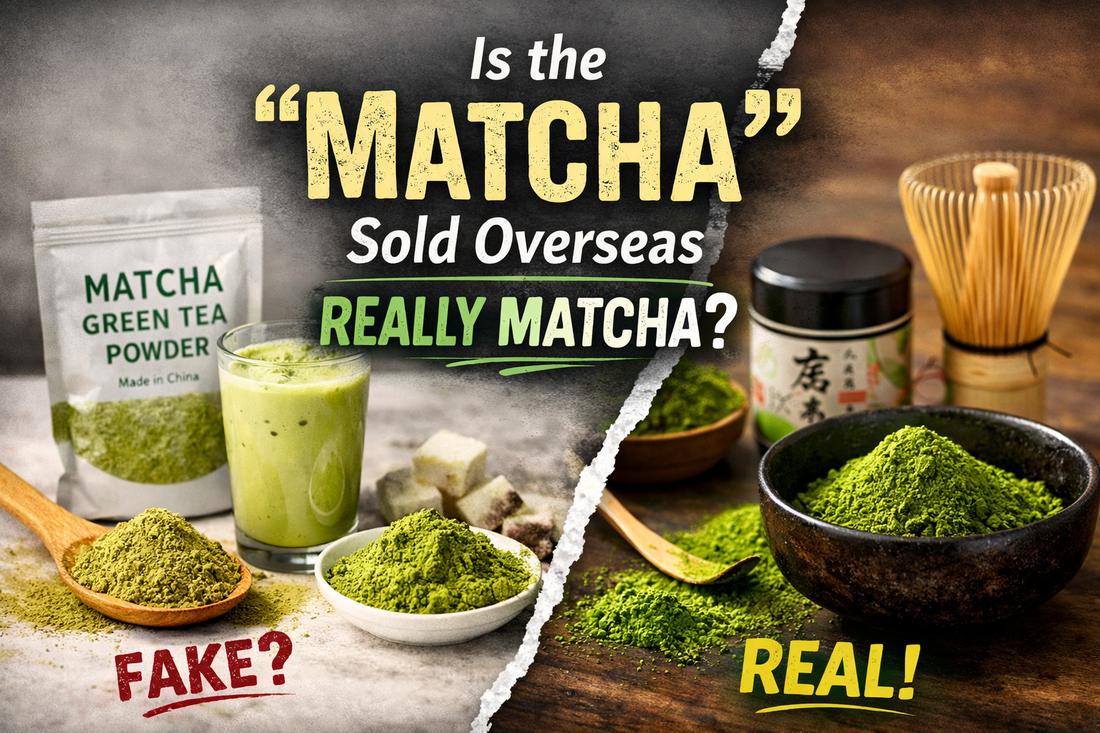 Real vs fake matcha green tea powder comparison with whisk and bowl