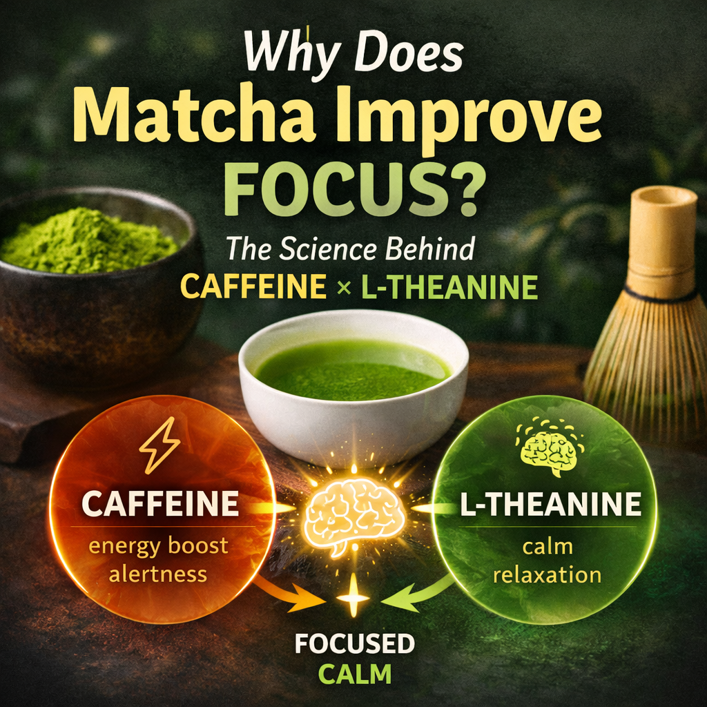 Matcha tea benefits: caffeine for energy & L-theanine for calm focus, shown with green powder, whisk, and bowl