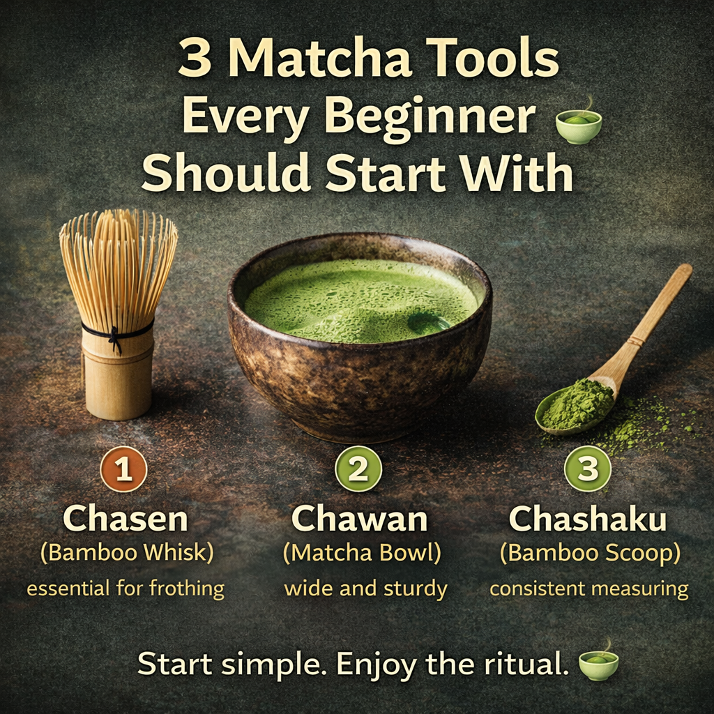 Matcha tools for beginners: bamboo whisk, matcha bowl, bamboo scoop — essential for Japanese tea ritual