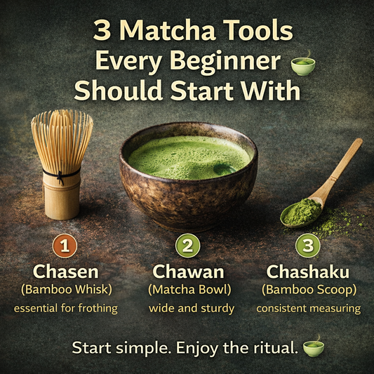 Matcha tools for beginners: bamboo whisk, matcha bowl, bamboo scoop — essential for Japanese tea ritual