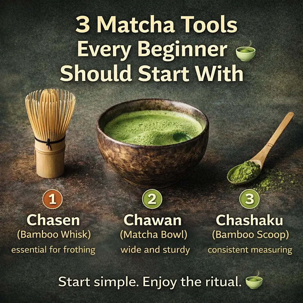 Three essential matcha tools: a Chasen bamboo whisk, a Chawan bowl, and a Chashaku bamboo scoop.