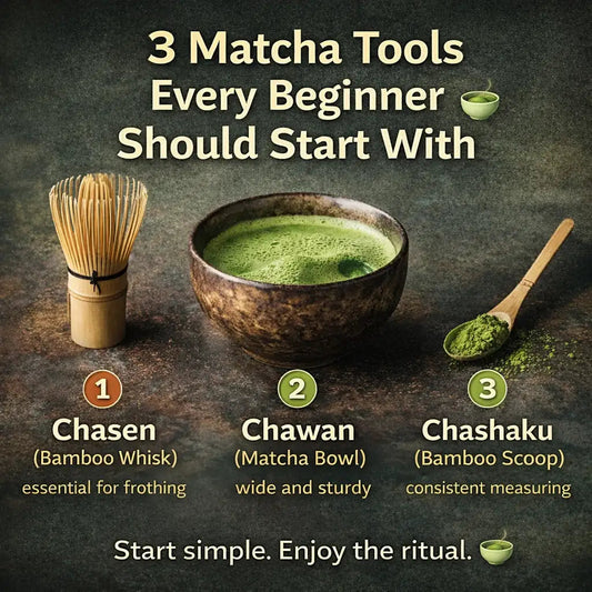 Three essential matcha tools: a Chasen bamboo whisk, a Chawan bowl, and a Chashaku bamboo scoop.