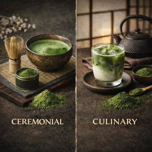 Comparison of ceremonial grade matcha tea in a bowl versus culinary grade matcha in a latte.