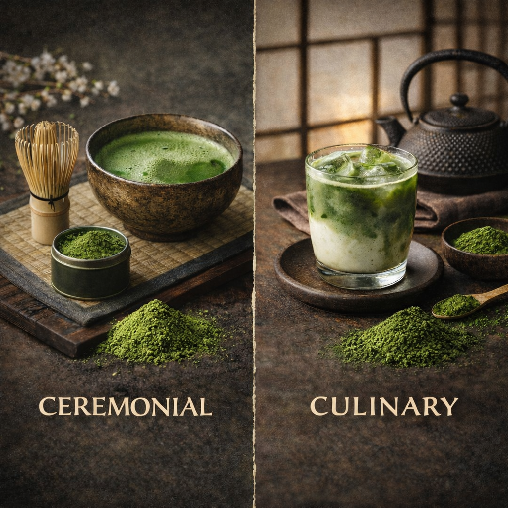 Ceremonial and culinary matcha tea setups with whisk, bowl, and iced latte, showcasing premium Japanese green tea