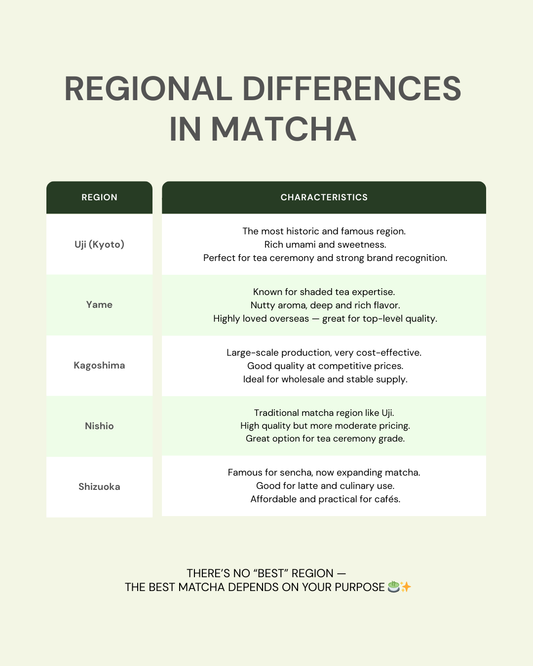 Regional differences in matcha tea: Uji, Yame, Kagoshima, Nishio, Shizuoka characteristics for ceremony, latte, or wholesale