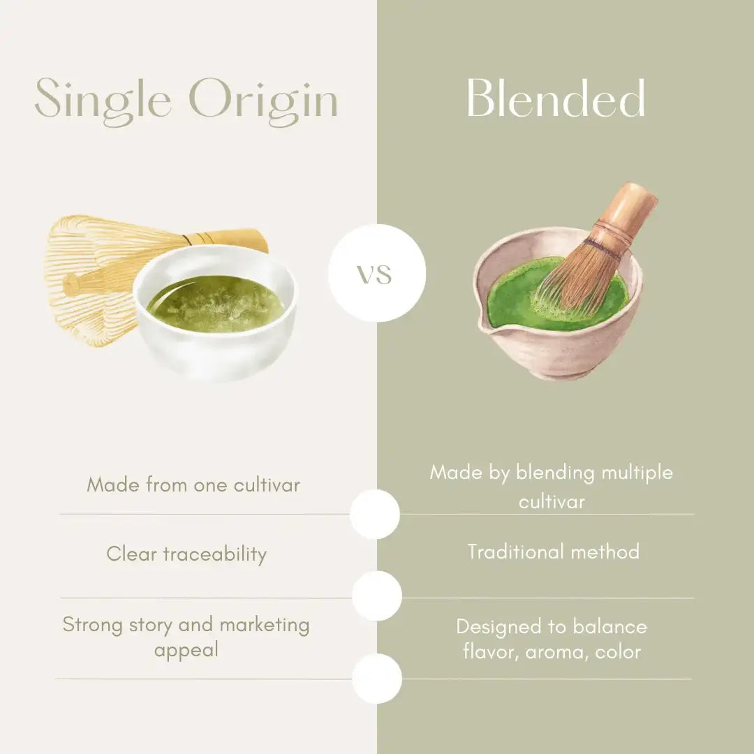 Comparison chart between Single Origin and Blended Japanese matcha tea.