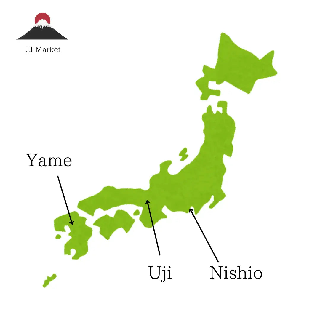 Map of Japan highlighting Yame, Uji, and Nishio tea regions for premium Japanese green tea sourcing