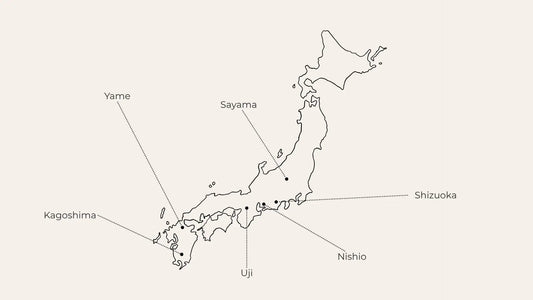 Map of Japan highlighting premium tea regions: Yame, Shizuoka, Uji, Nishio, Kagoshima, Sayama