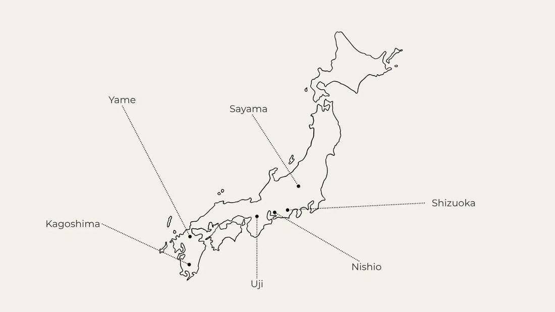 Map of Japan highlighting tea regions: Yame, Sayama, Shizuoka, Nishio, Uji, Kagoshima
