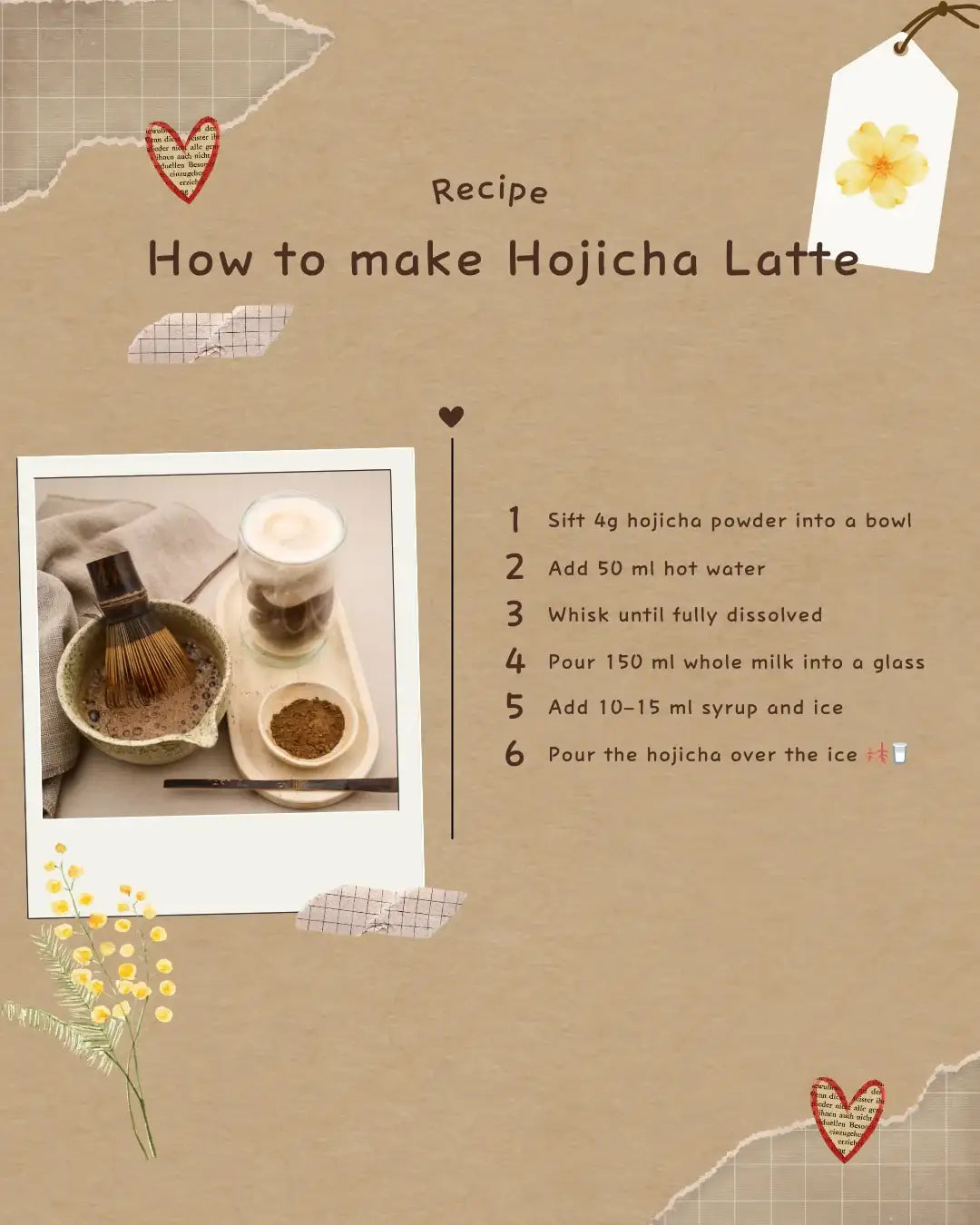 Step-by-step guide to making an iced hojicha latte with hojicha powder and whisk.