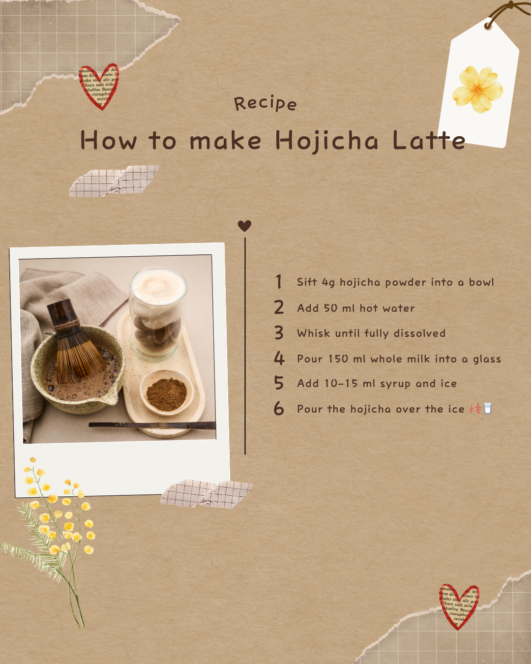 Hojicha latte recipe with matcha whisk, powder, and glass of iced drink