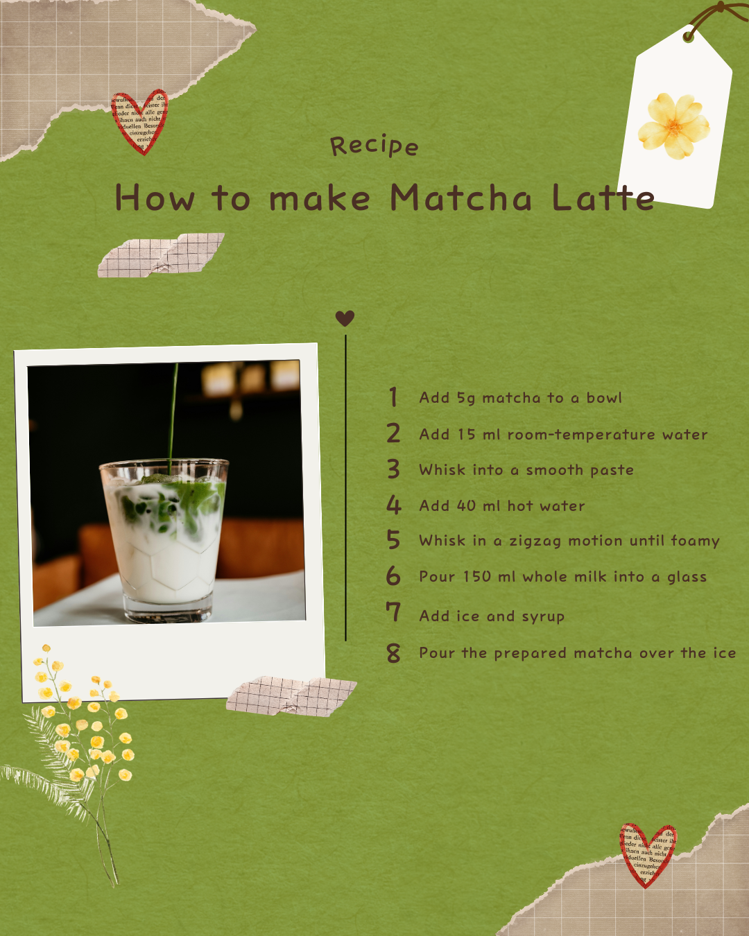 Matcha latte recipe with step-by-step instructions and a glass of iced matcha latte on a green background.