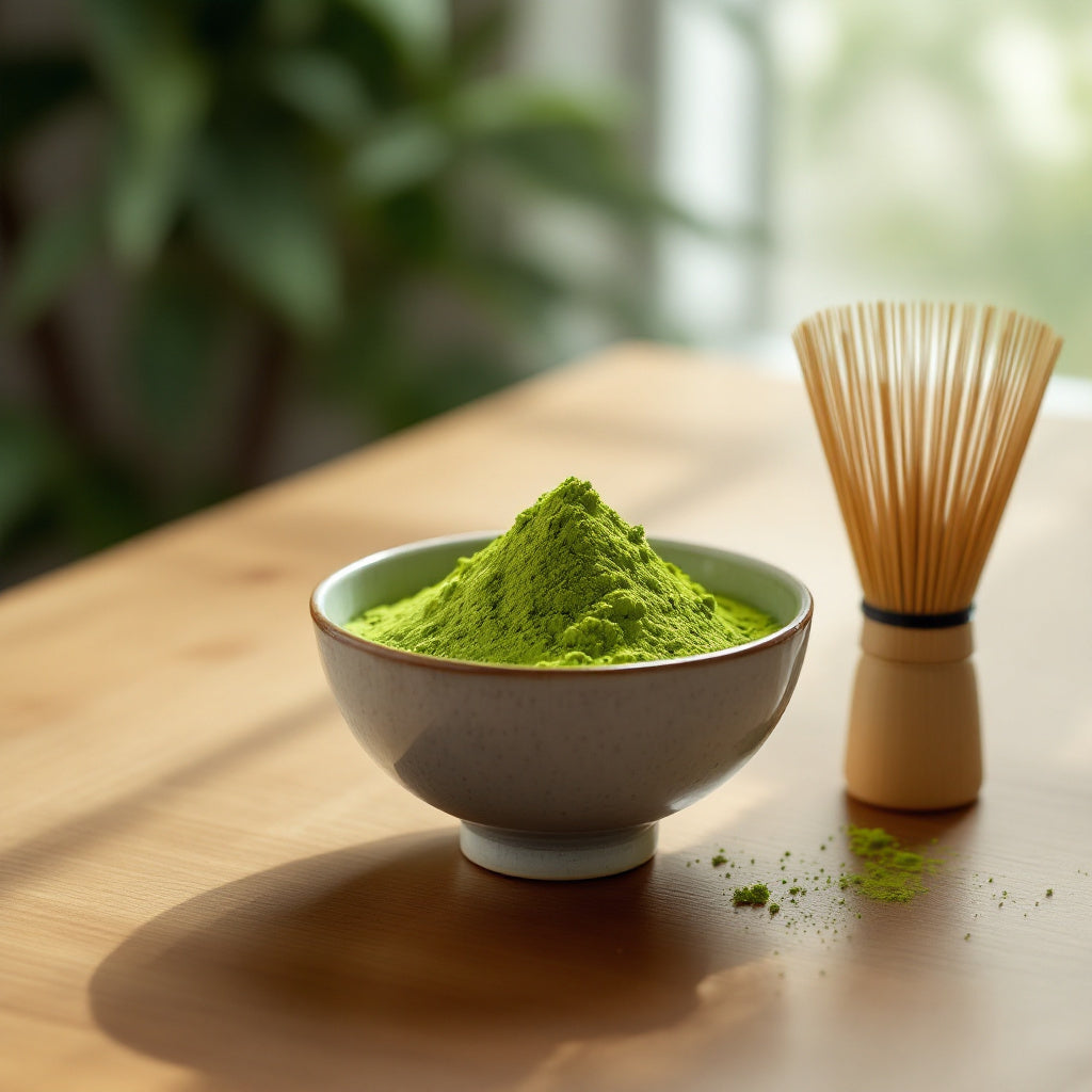 Vibrant green matcha powder in ceramic bowl with bamboo whisk on wooden table, natural light