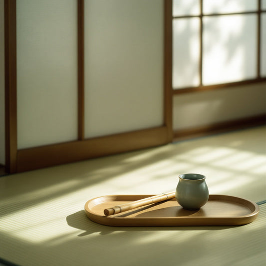 Traditional Japanese tea bowl and bamboo whisk on a wooden tray over a tatami mat.