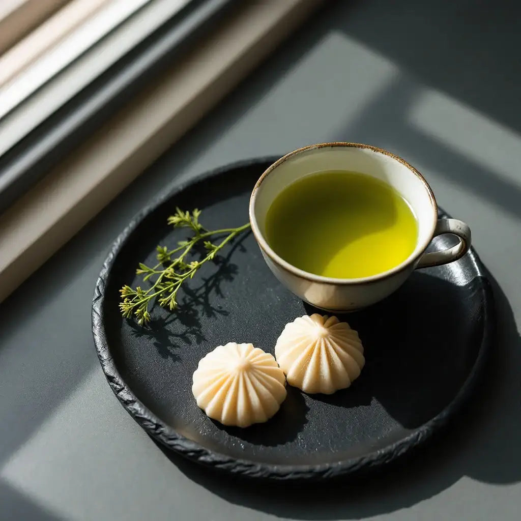 A cup of Japanese matcha tea paired with two traditional wagashi sweets on a black plate.