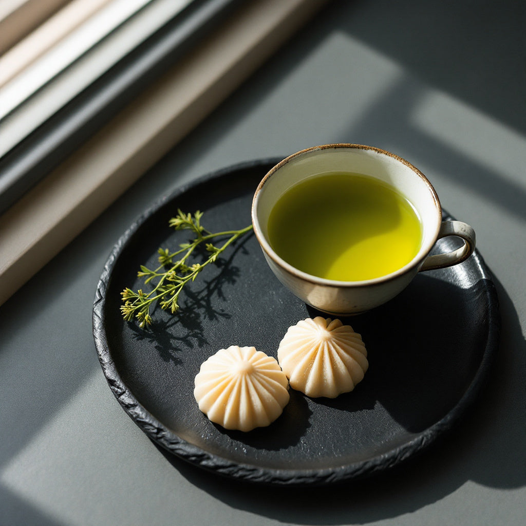 Cup of green tea with delicate pastries on a black tray, bathed in soft sunlight