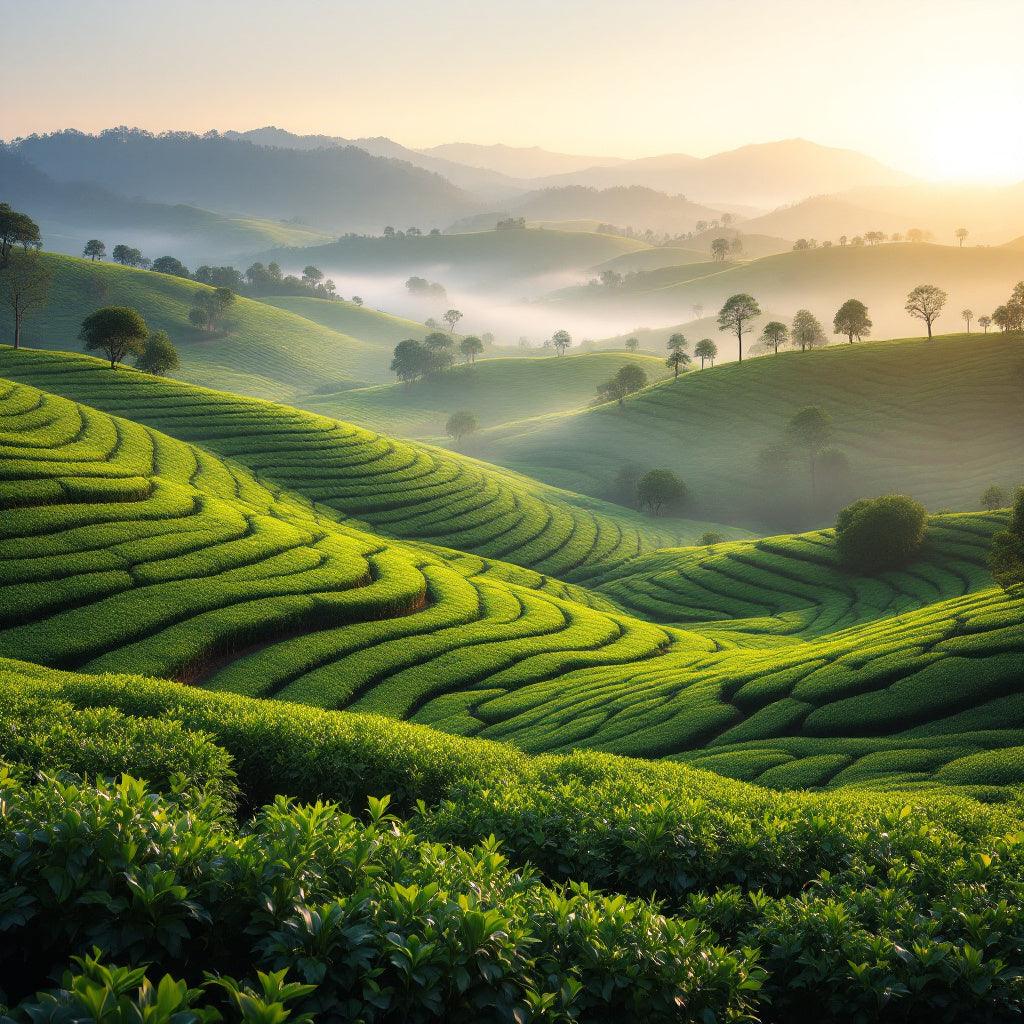 Rolling green tea fields at sunrise, misty hills, authentic Japanese tea plantation landscape