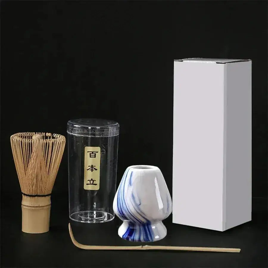 Japanese matcha whisk, ceramic holder, and tea tools set with storage case