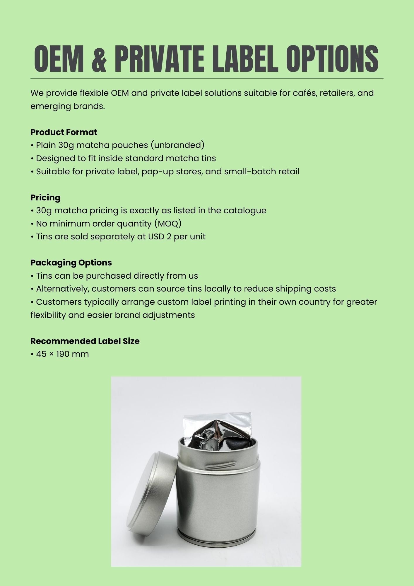 Silver matcha tin with 30g unbranded pouch, ideal for private label tea packaging and small-batch retail