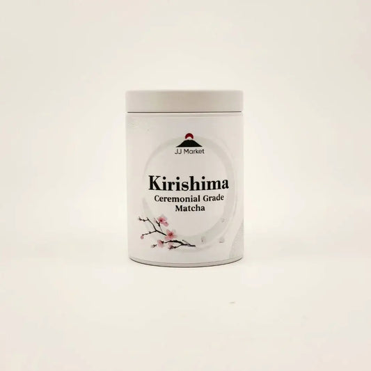 Container of Kirishima Ceremonial Grade Matcha on a light beige background