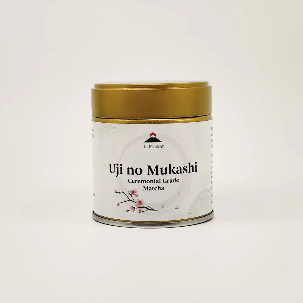 Uji no Mukashi tea canister on a light gray background