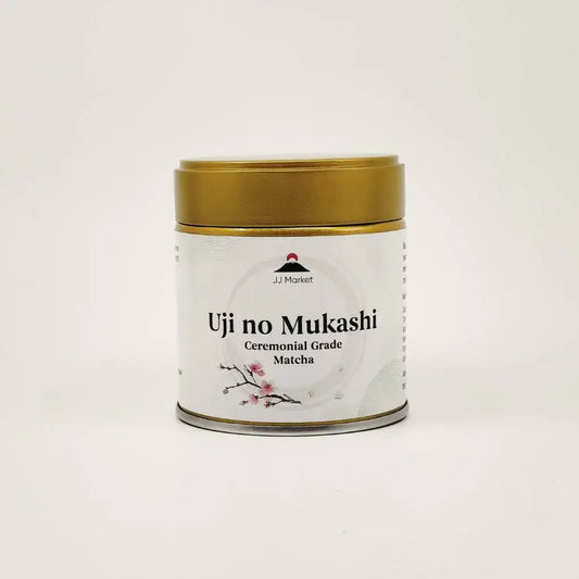 Uji no Mukashi tea canister on a light gray background