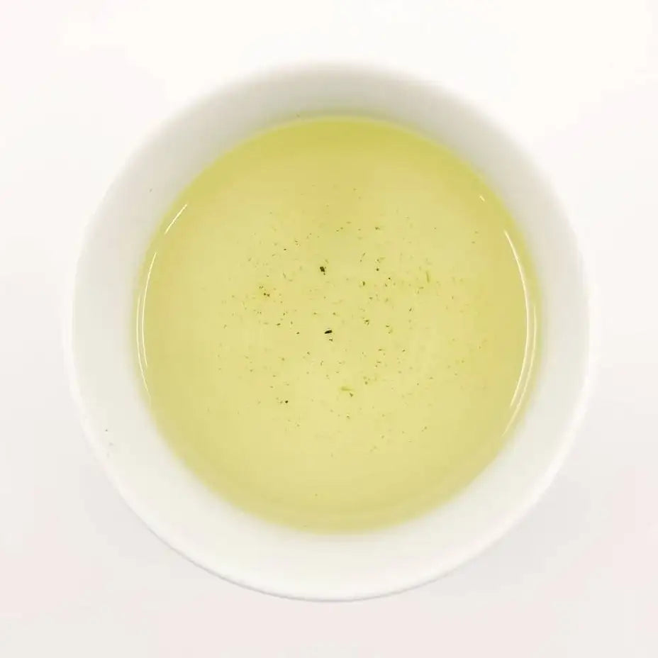 White bowl filled with light green liquid on a white background
