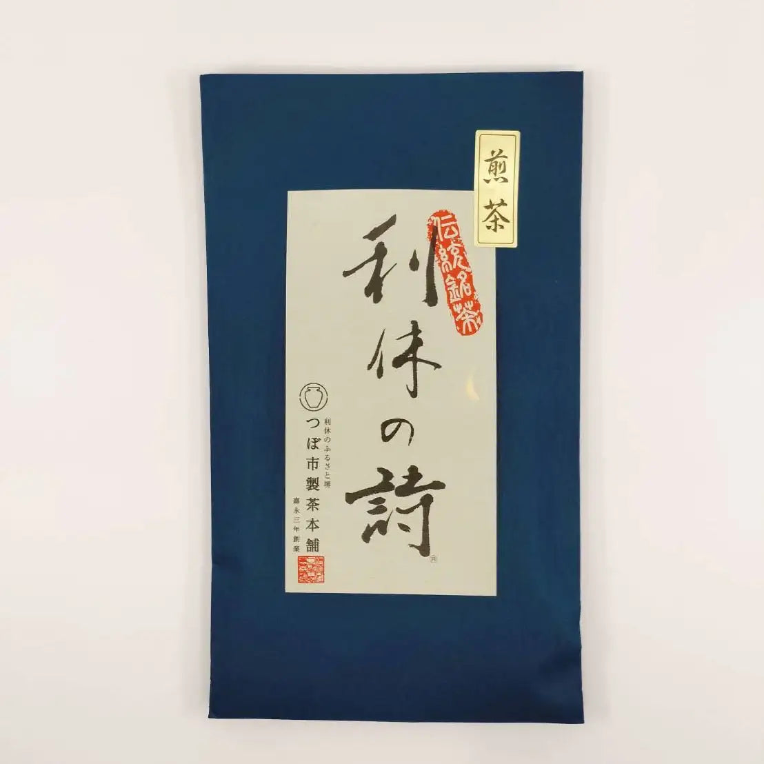 Tea package with Japanese text on a blue background