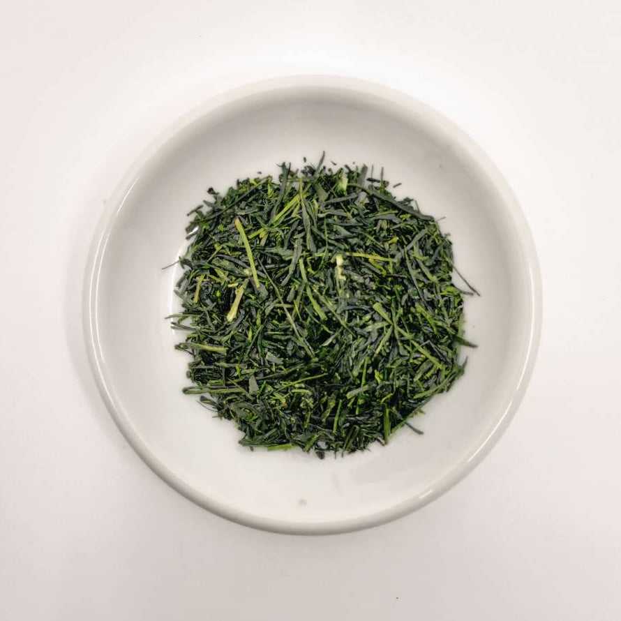 Green tea leaves in a white bowl on a light gray background