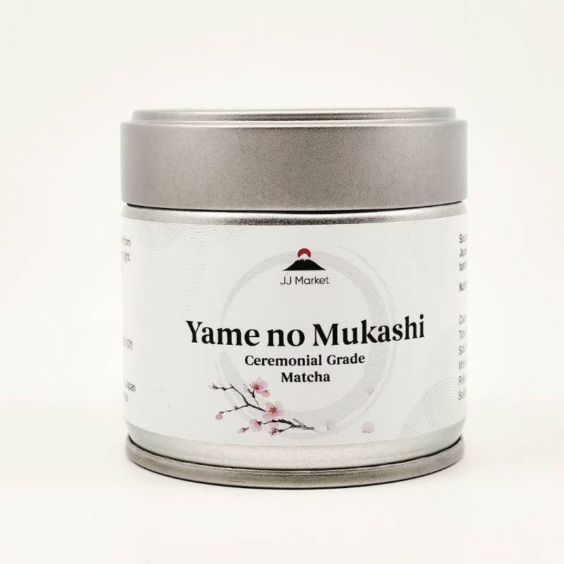 Jar of Yame no Mukashi ceremonial grade matcha on a white background