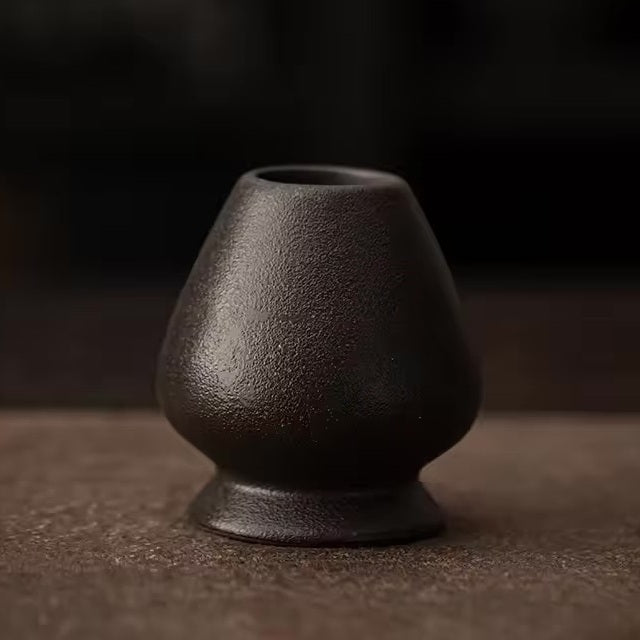 Black Whisk Stand — ceramic kusenaoshi for a bamboo matcha whisk