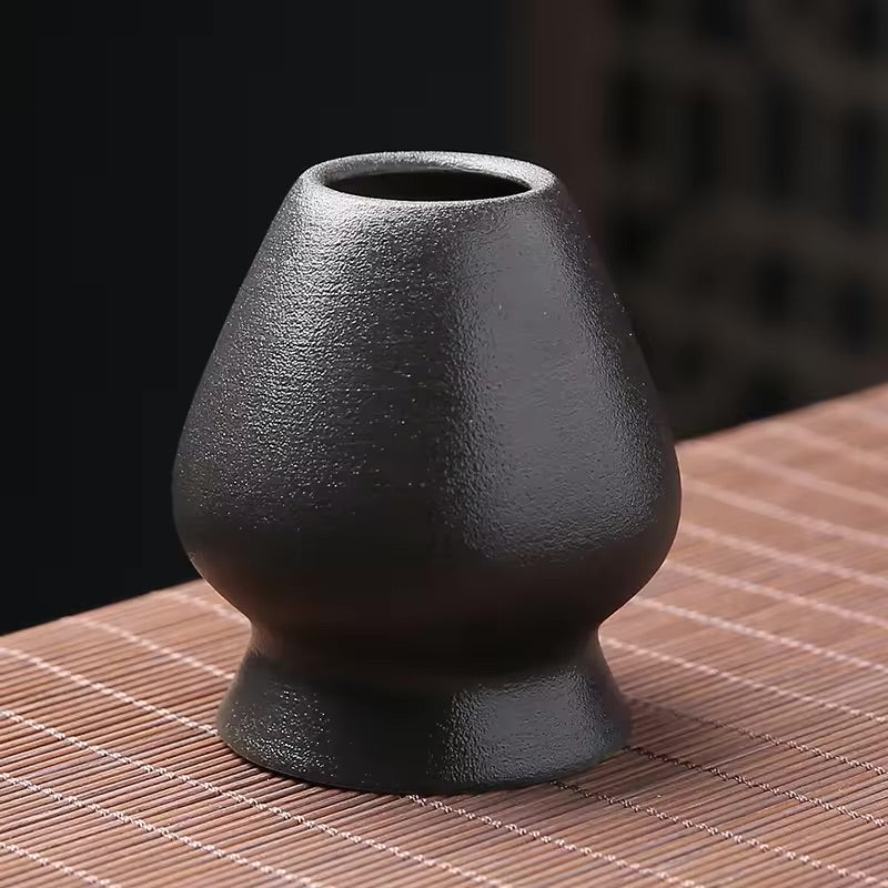 Black Whisk Stand — ceramic kusenaoshi for a bamboo matcha whisk