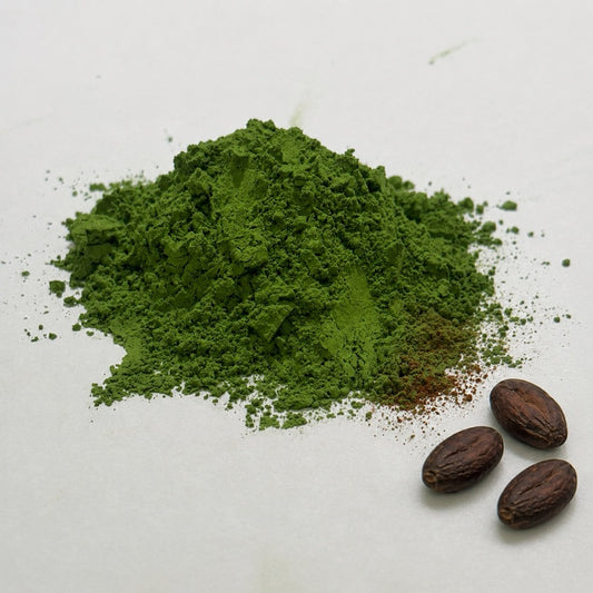 Cocoa flavored Uji matcha powder with cocoa beans