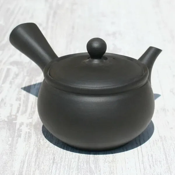 Black ceramic Japanese teapot with matte finish, ideal for premium tea brewing and traditional tea ceremonies.
