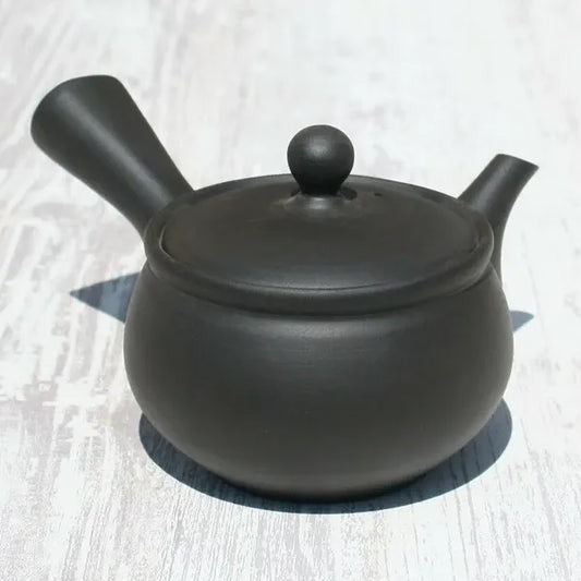 Black ceramic Japanese teapot with matte finish, ideal for premium tea brewing and traditional tea ceremonies.