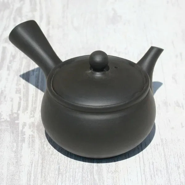 Black ceramic Japanese teapot with matte finish, perfect for premium tea brewing and traditional tea ceremonies.