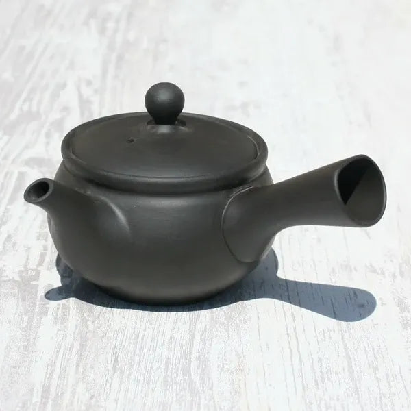 Black ceramic Japanese teapot with dual spouts on white wood surface