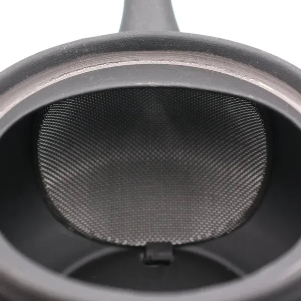 Close-up of black ceramic teapot with fine mesh strainer for loose leaf tea brewing