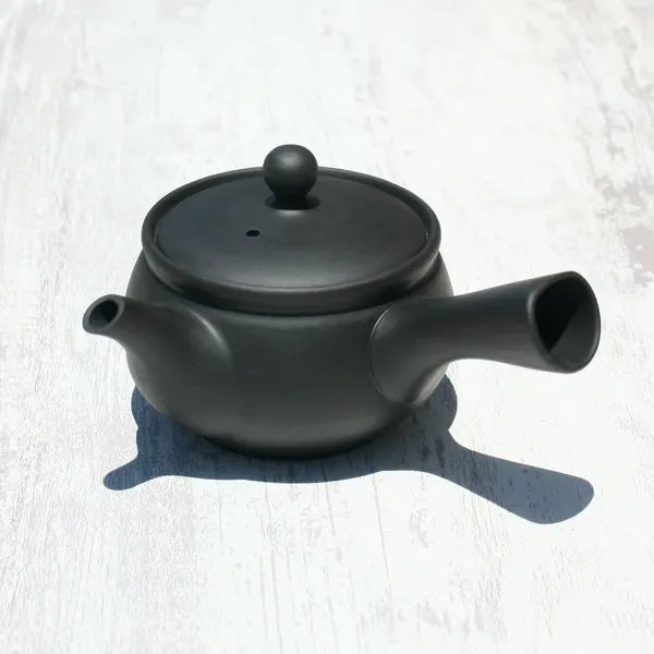 Black ceramic Japanese teapot with dual spouts on white wood surface, ideal for premium tea brewing
