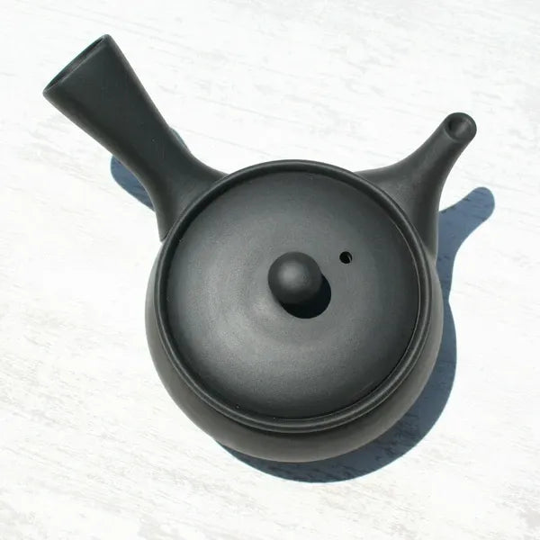 Black ceramic Japanese teapot with lid, spout, and handle on light wood surface