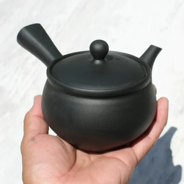 Hand holding matte black Japanese teapot for loose leaf tea brewing