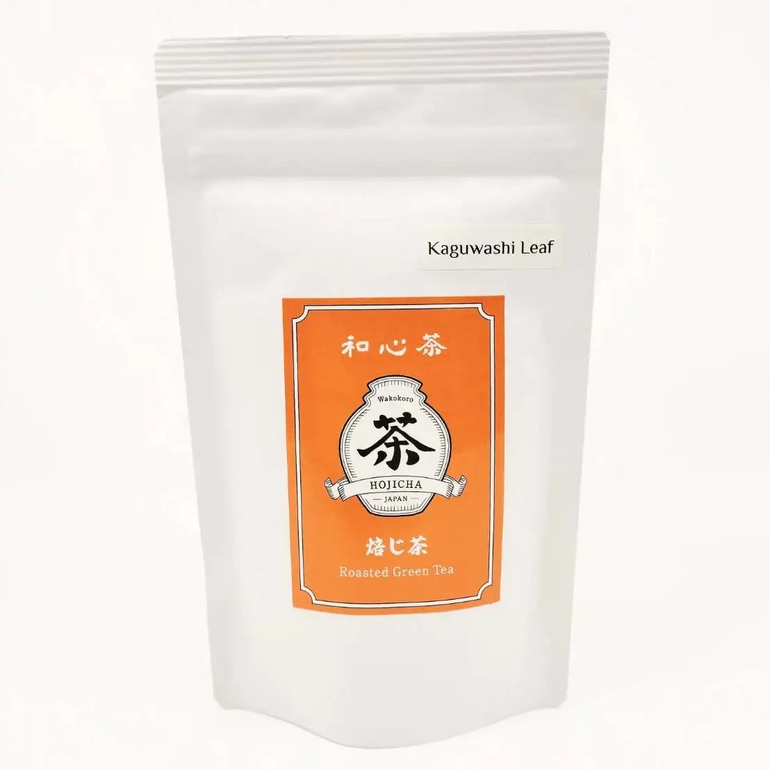 Kaguwashi Leaf Hojicha roasted green tea from Japan in white resealable pouch with orange label