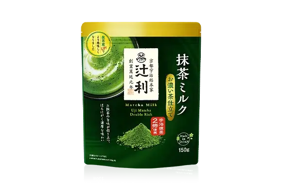 150g matcha milk powder pouch with vivid green tea and powder illustration on packaging