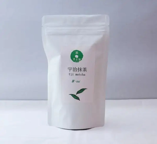 100g bag of Uji matcha powder with minimalist white packaging and green tea leaf design