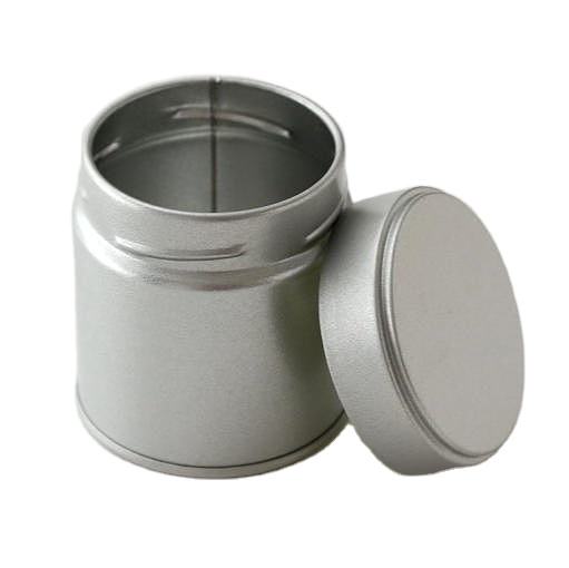 Silver matcha tea storage tin with removable lid on white background