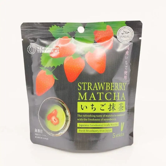 Strawberry matcha tea powder package with strawberries and matcha bowl on front