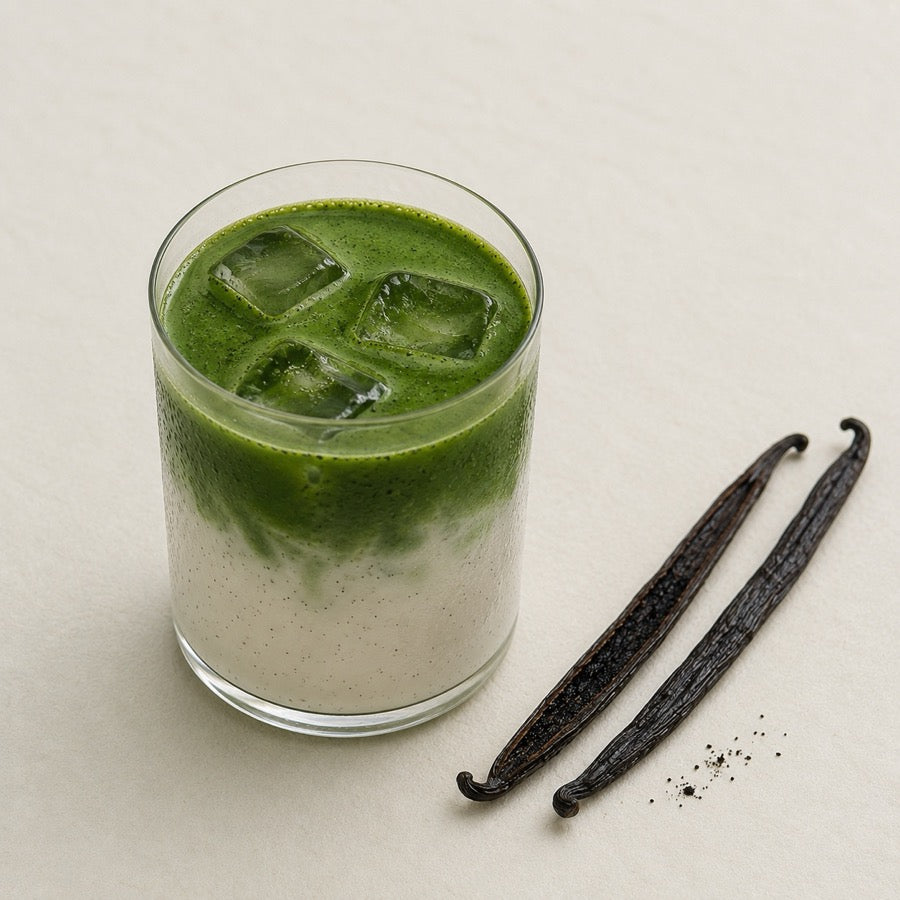 Vanilla flavored Uji matcha powder with vanilla beans